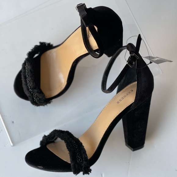 EXPRESS Womens Black Suede Platform Sandals Heels Formal Dress Rhinestone, Sz 9 - Picture 8 of 10